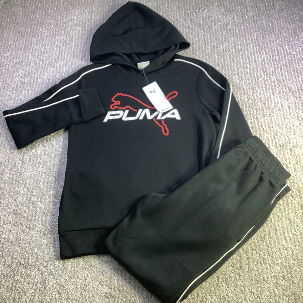Puma Kids Black Pullover Hoodie &‎ Track Pants Set Loungewear Size M NWT